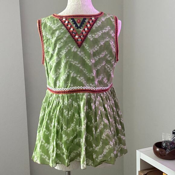 Indigo Moon Green Mirror Embroidered Festival Boho Top Medium Sleeveless Cotton - Picture 6 of 13